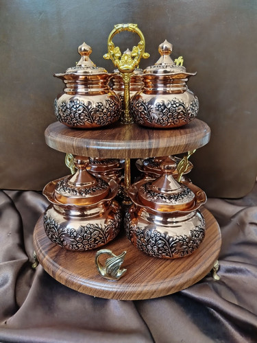 پاسماوری مسی و جا ادویه مسی گلبرگ ۷ عددی درجهیک نانو شده سیاه قلم گل برجسته