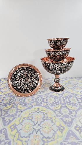 سرویس پذیرایی مسی الماس تراش فاخر ۴ تیکه(۳ تا جام با شیرینی خوری)
