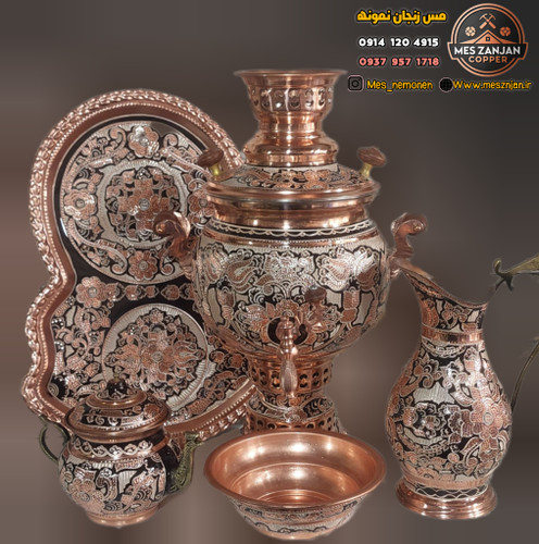 سماور نقره کوب مسی ۴ لیتری همراه سرویس